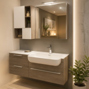 Destockage meuble de bain bois naturel et blanc mat