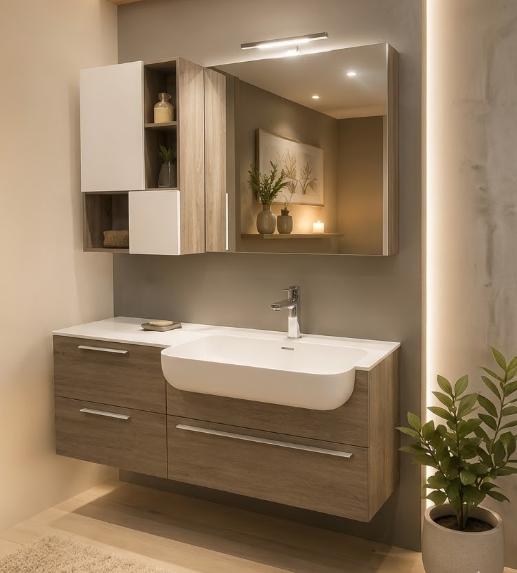 Destockage meuble de bain bois naturel et blanc mat