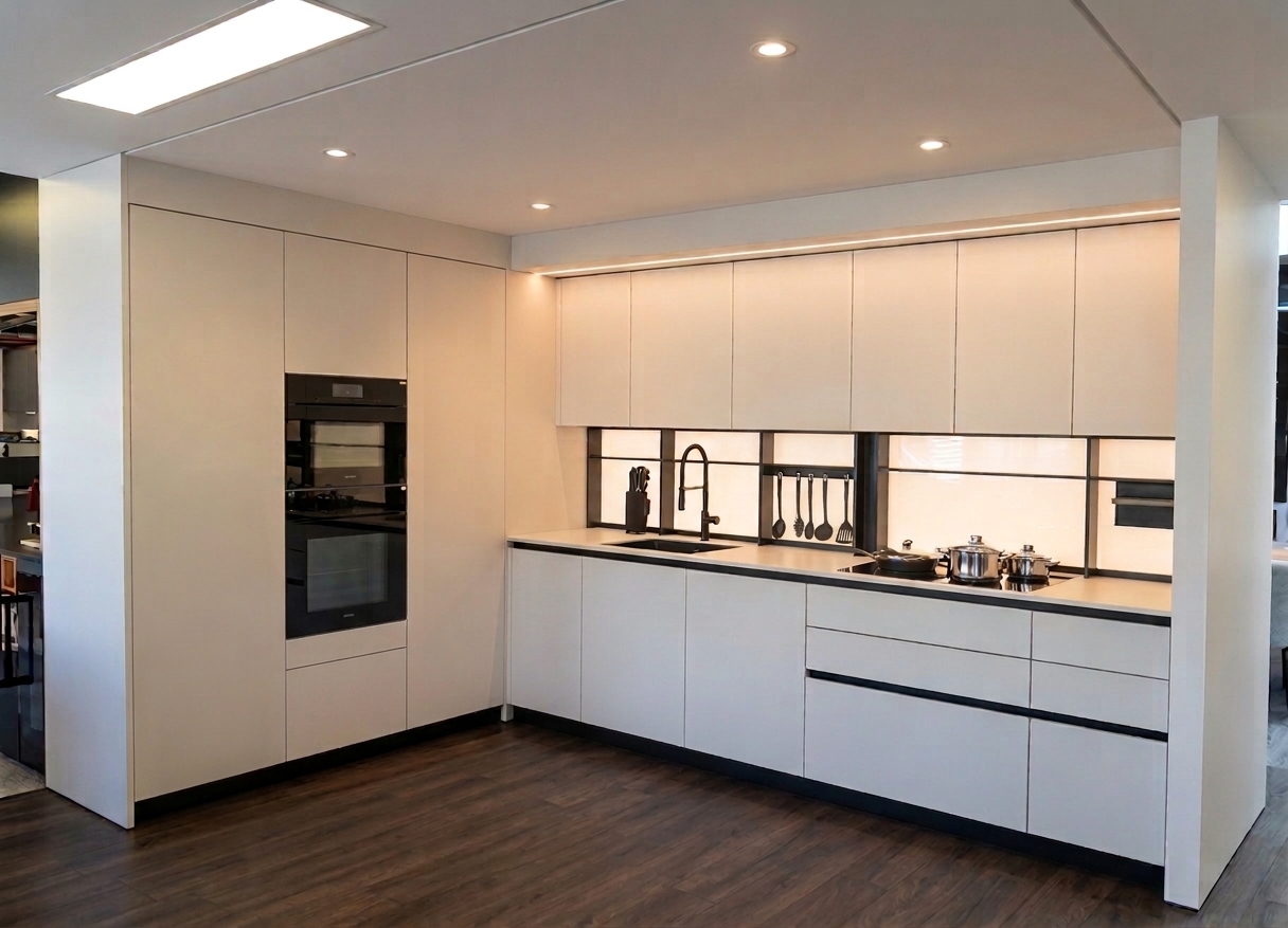 Cuisine d'exposition complète Monochrome avec lave-vaisselle Miele et évier Blanco
